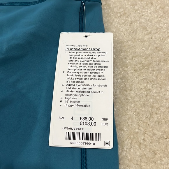 Lululemon in movement crop leggings pacific teal - Picture 2 of 4